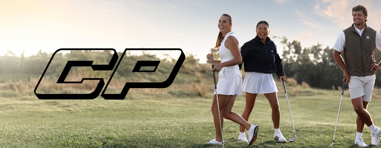 Three people with golf clubs and a CP logo